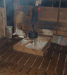 A meeting room around a fire in a hilltribe village house kitchen