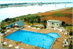 Swimming pool on the Mekong river bank with a view of Thai-Lao bridge