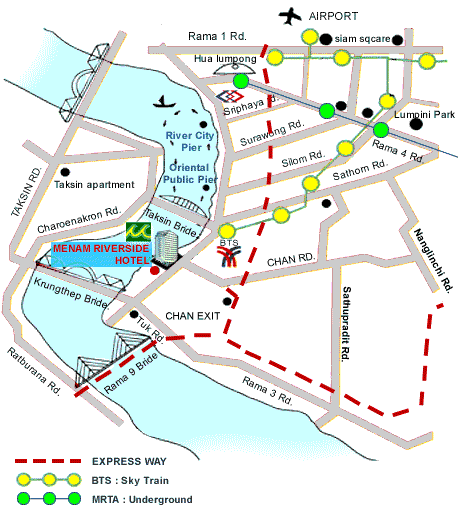 Location map of Menam Riverside hotel, Bangkok