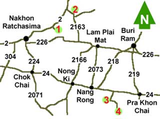 Locations of Cambodian temples in north-eastern Thailand