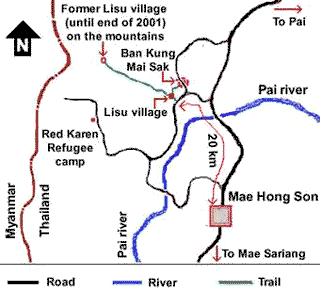 Map showing the route to Lisu village from Mae Hong Son
