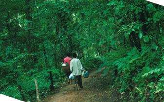 A Myanmar (Burmese) volunteer going out with a villager to fetch water